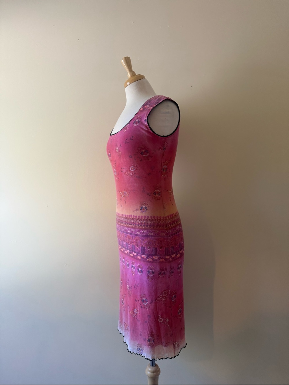 Le Château Y2K Pink Mesh Midi Dress Paisley Border Print Made in Canada - Picture 3 of 6